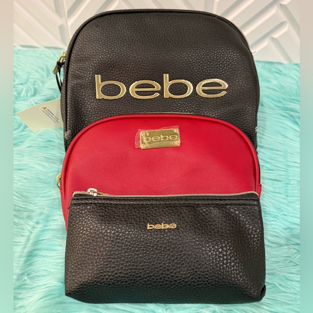 BEBE 3 Piece Bags Set Cosmetic Make Up Travel Black Red. NWT